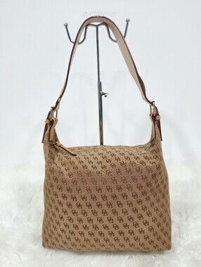 Dooney & Bourke DB Monogram Canvas Shoulder Bag Beige Brown Hobo